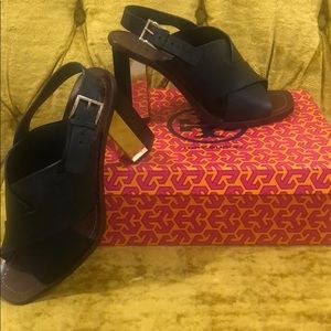 Tory Burch Black Leather Hexagon Sandal Heels 10